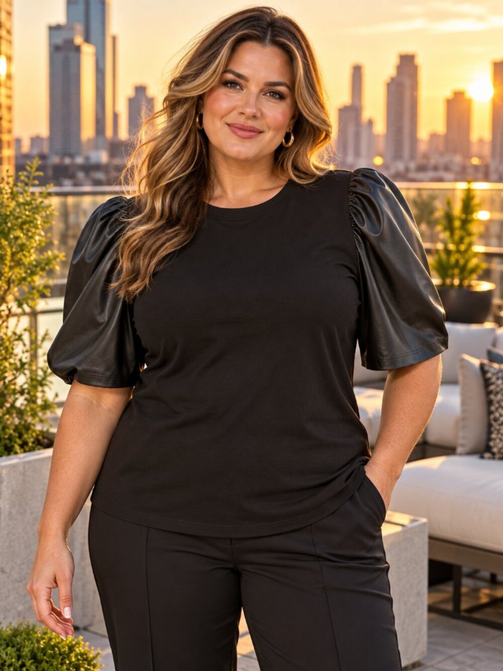 Michael Kors Black Faux Leather Puff Sleeve Top Quiet Luxury Edgy Chic